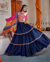 Royal Blue Color Real Mirror Work Rayon Navratri Lehenga Choli