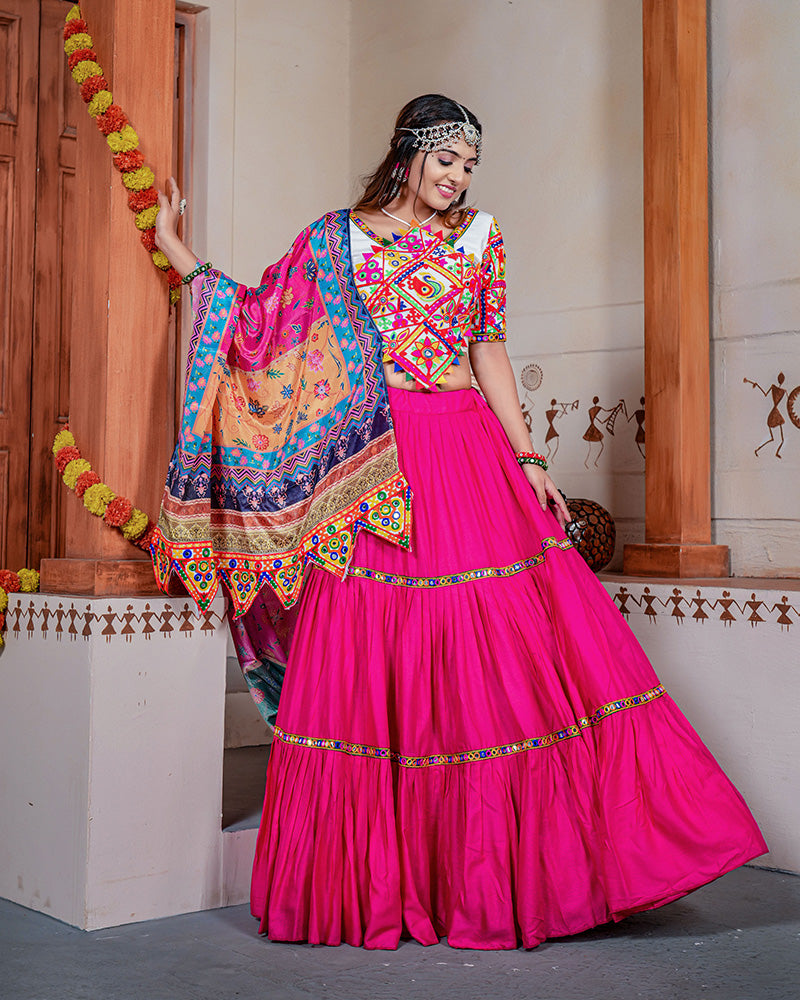 Rani Pink Color Real Mirror Work Rayon Navratri Lehenga Choli