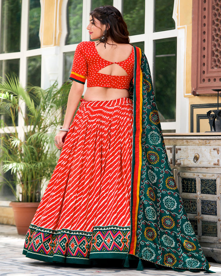 Red Color Tussar Silk laheriya Printed Navratri Lehenga Choli