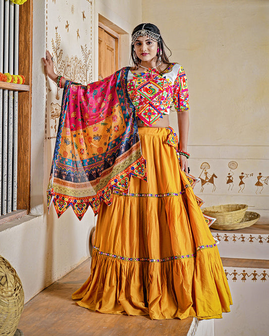 Mustard Yellow Color Real Mirror Work Rayon Navratri Lehenga Choli