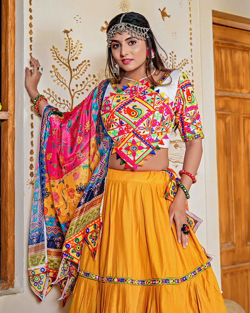 Mustard Yellow Color Real Mirror Work Rayon Navratri Lehenga Choli
