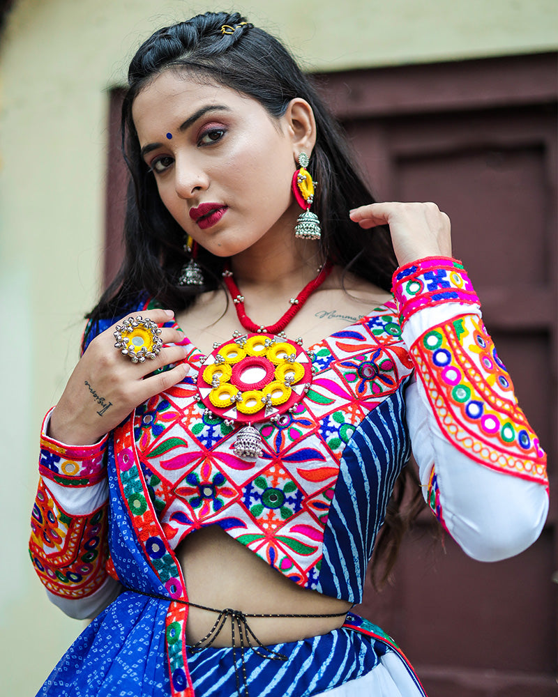 Blue and White Color Digital Printed Muslin Silk Navratri Lehenga Choli