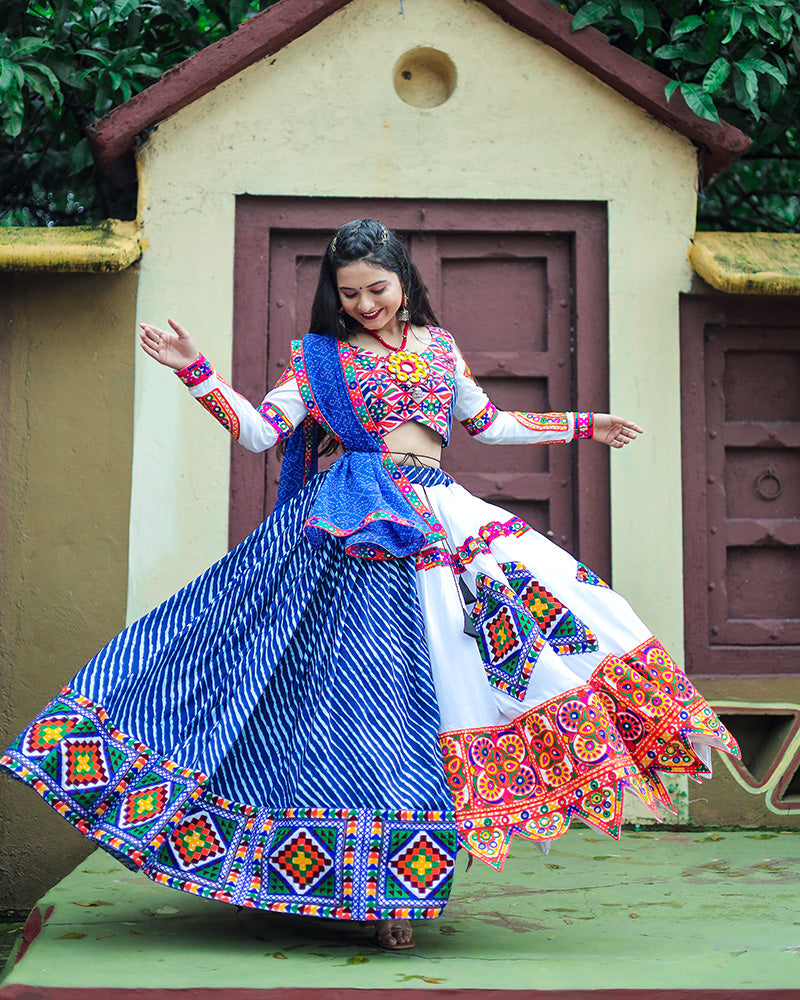 Blue and White Color Digital Printed Muslin Silk Navratri Lehenga Choli