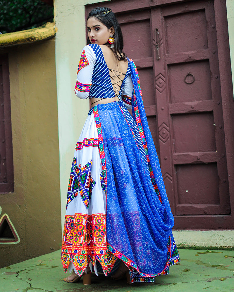 Blue and White Color Digital Printed Muslin Silk Navratri Lehenga Choli