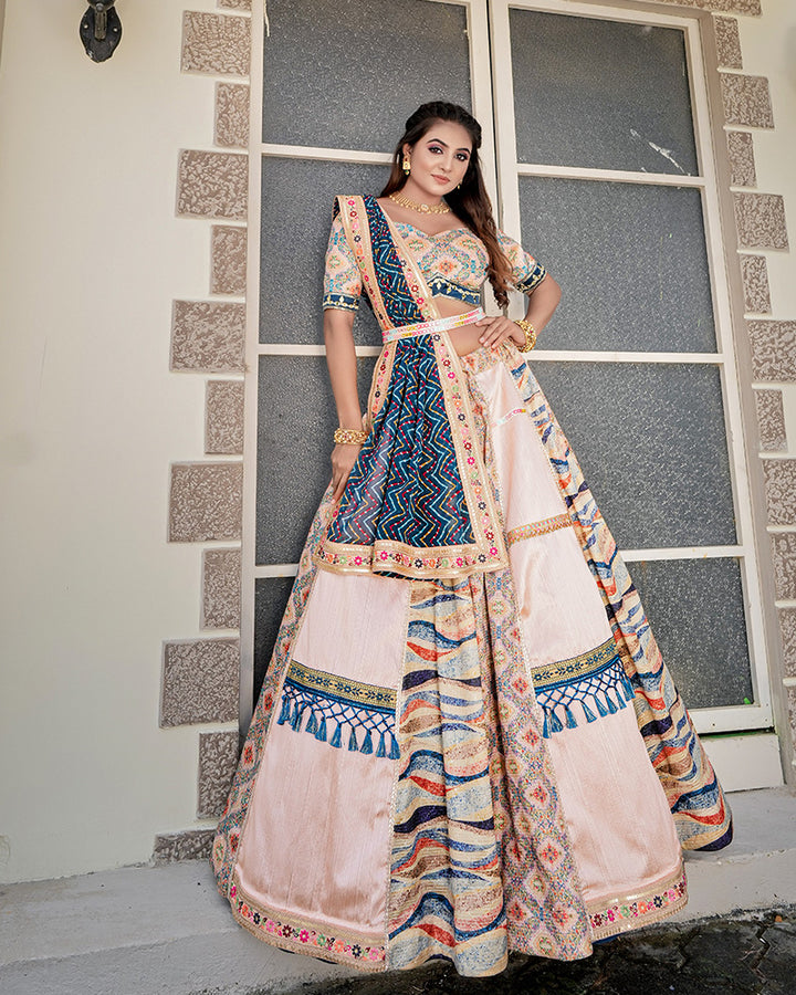 Peach And Rama Color Embroidered Mulberry Silk Lehenga Choli