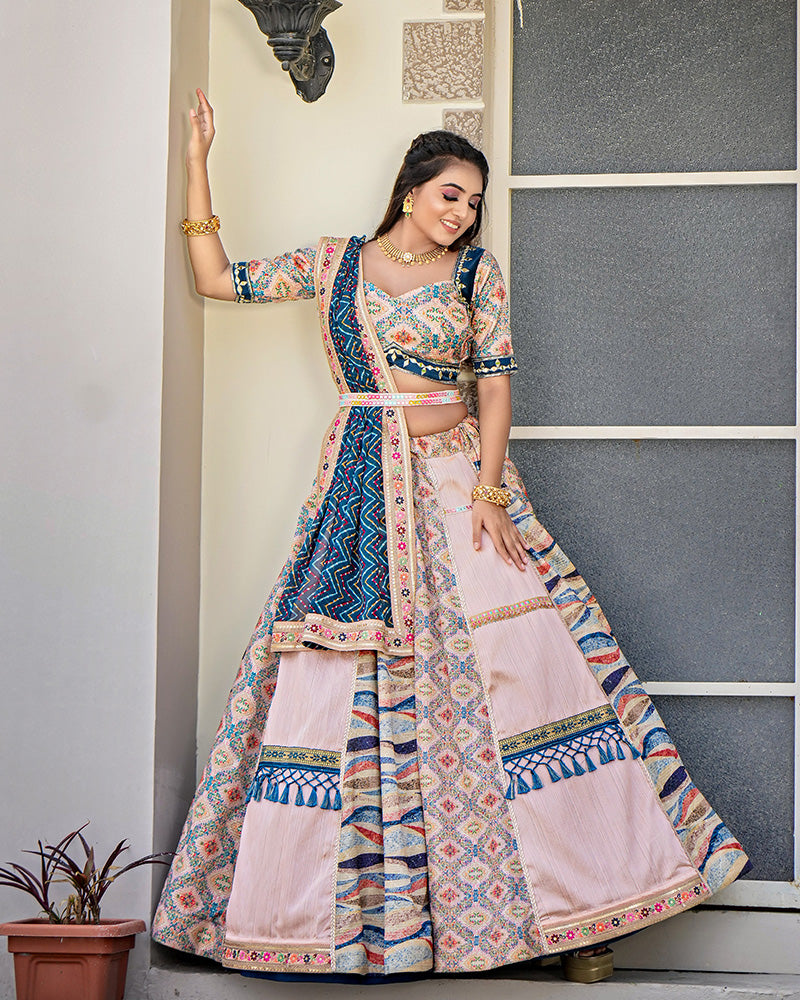 Peach And Rama Color Embroidered Mulberry Silk Lehenga Choli