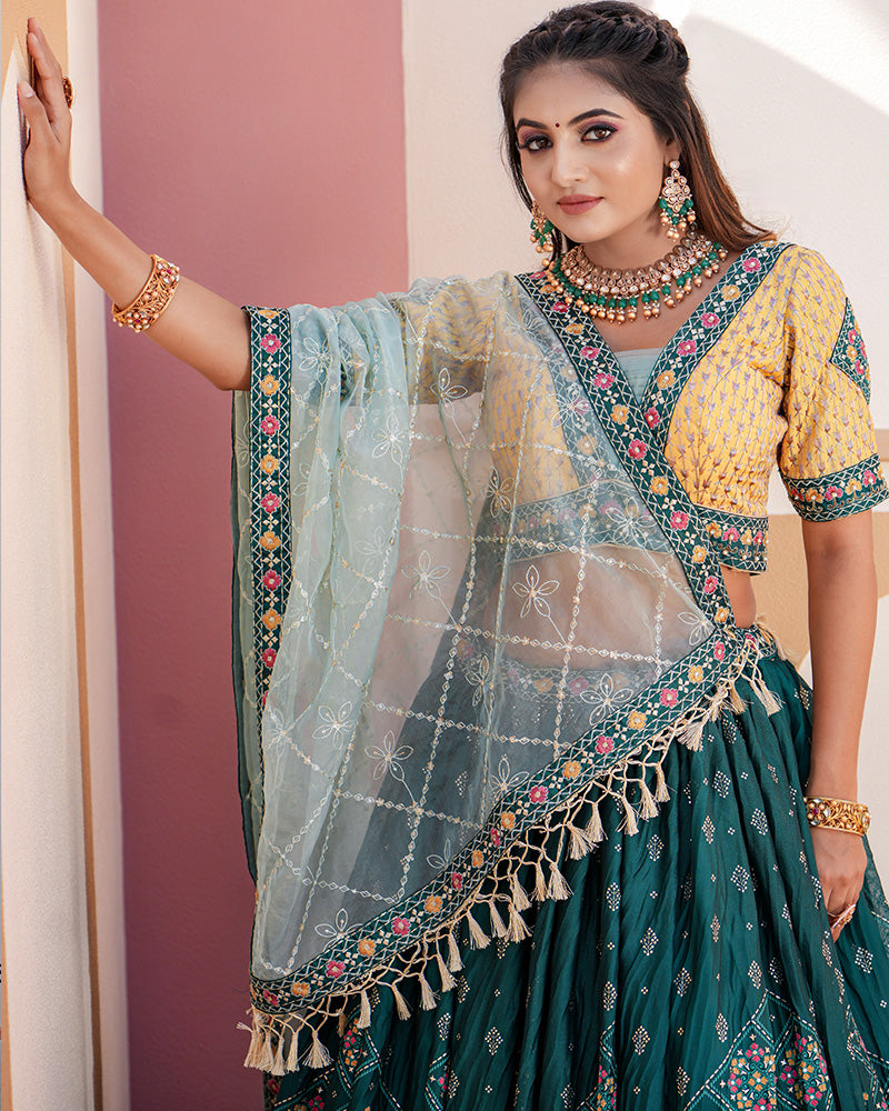 Rama And Pista Color Embroidered Chinon Lehenga Choli