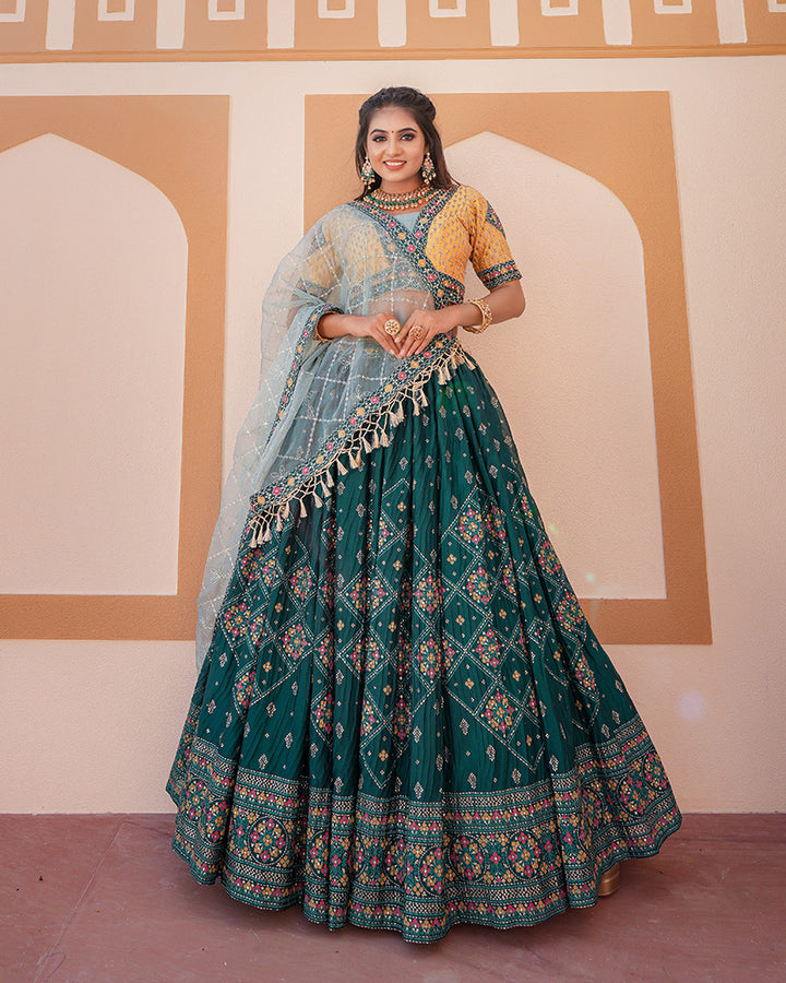 Rama And Pista Color Embroidered Chinon Lehenga Choli