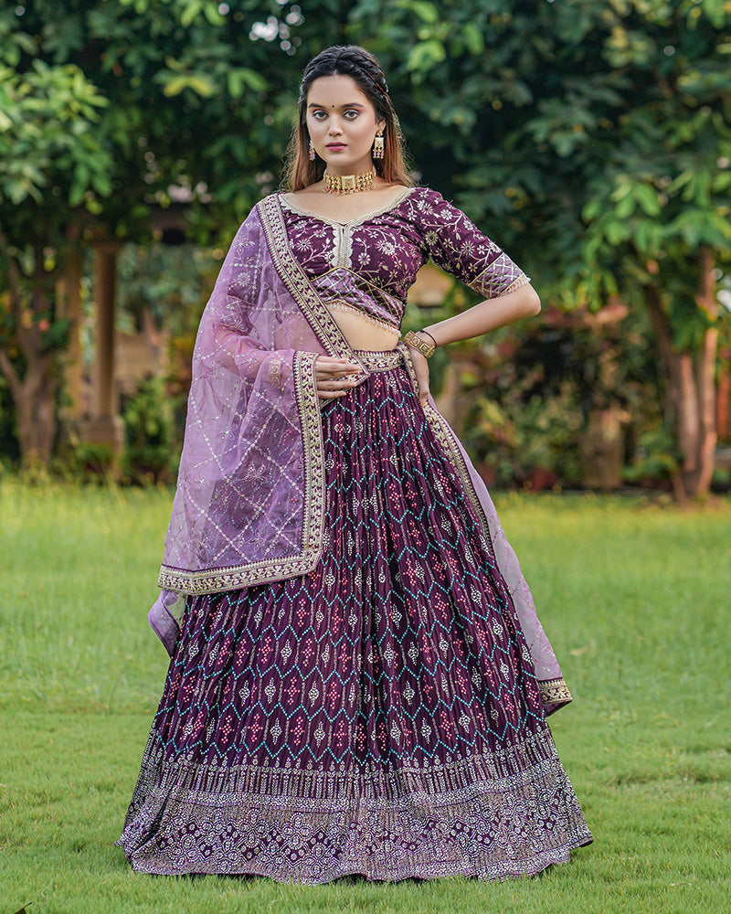 Designer Wine Color Foil Printed Georgette Lehenga Choli