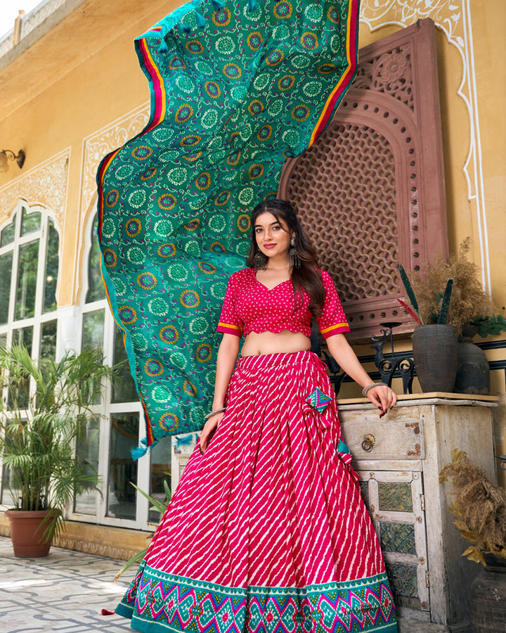 Pink Color Tussar Silk laheriya Printed Navratri Lehenga Choli