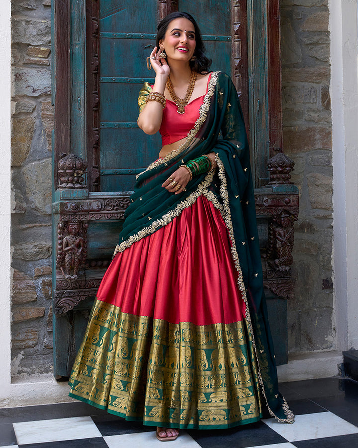 Red Color Narayan Pattu Silk Designer Half Saree