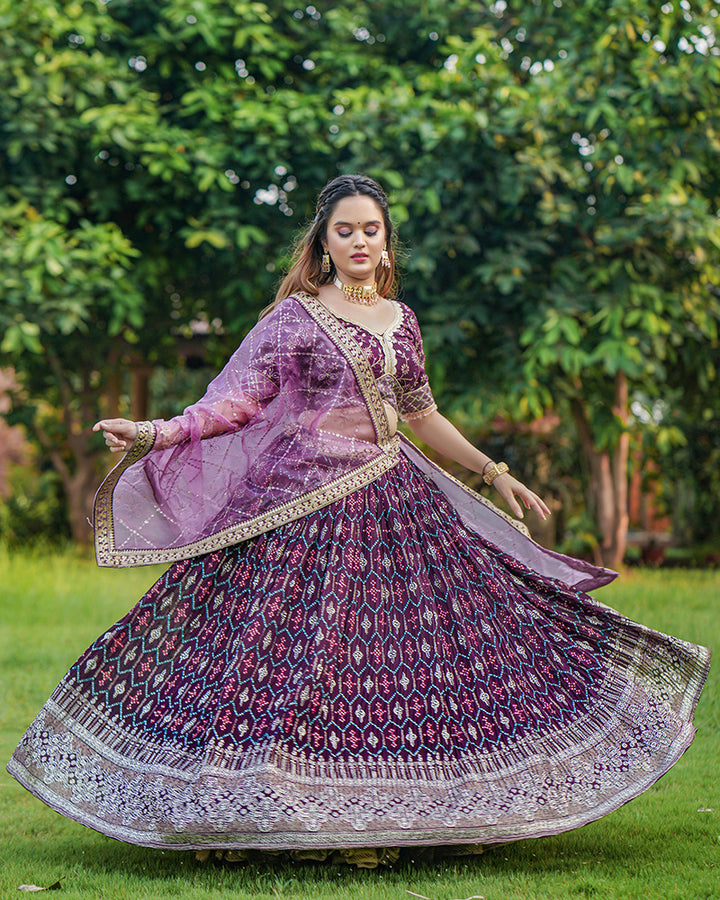 Designer Wine Color Foil Printed Georgette Lehenga Choli