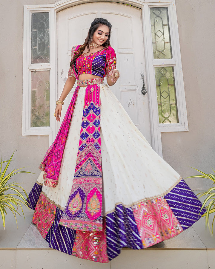 Pink And Off-White Color Embroidered Jacquard Lehenga Choli