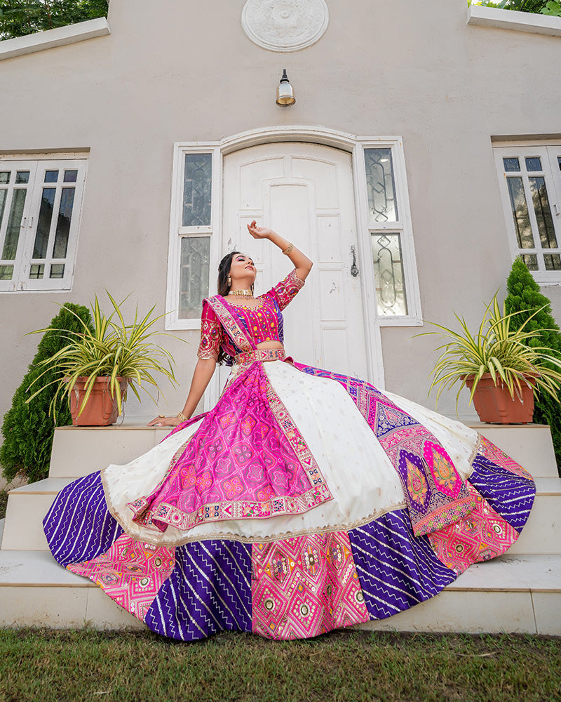 Pink And Off-White Color Embroidered Jacquard Lehenga Choli