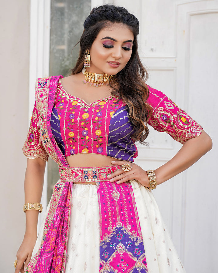 Pink And Off-White Color Embroidered Jacquard Lehenga Choli