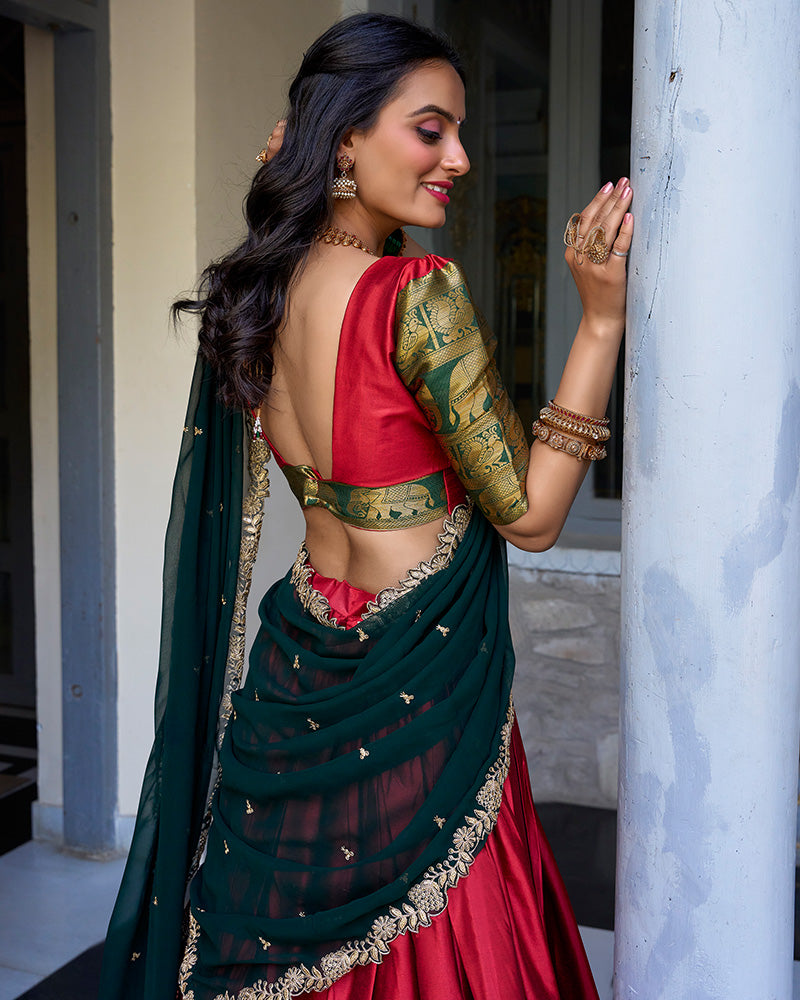 Red Color Narayan Pattu Silk Designer Half Saree