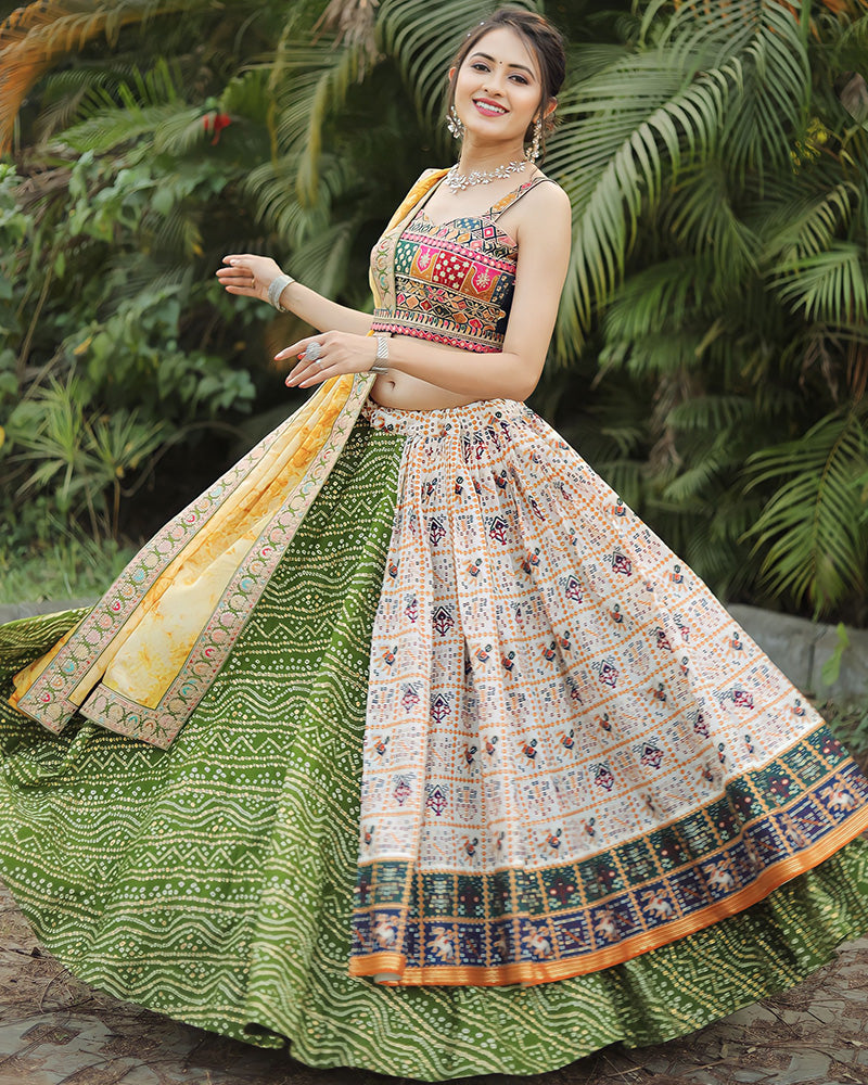 Designer Mehndi-Off White Color Cotton Printed Lehenga Choli