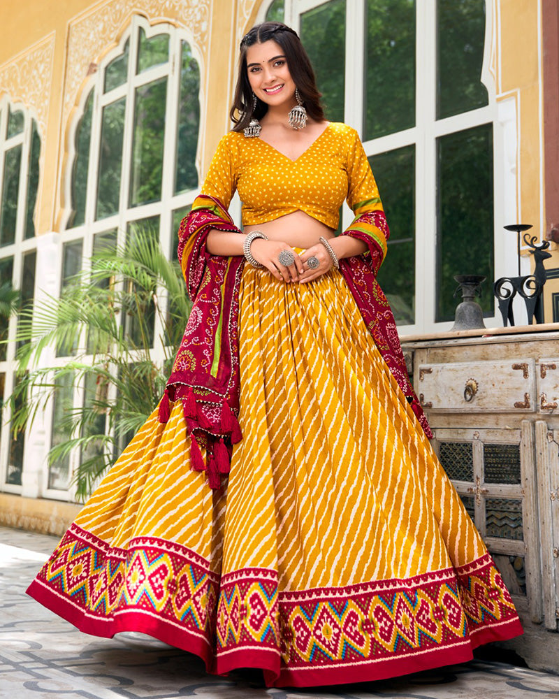 Yellow Color Tussar Silk laheriya Printed Navratri Lehenga Choli