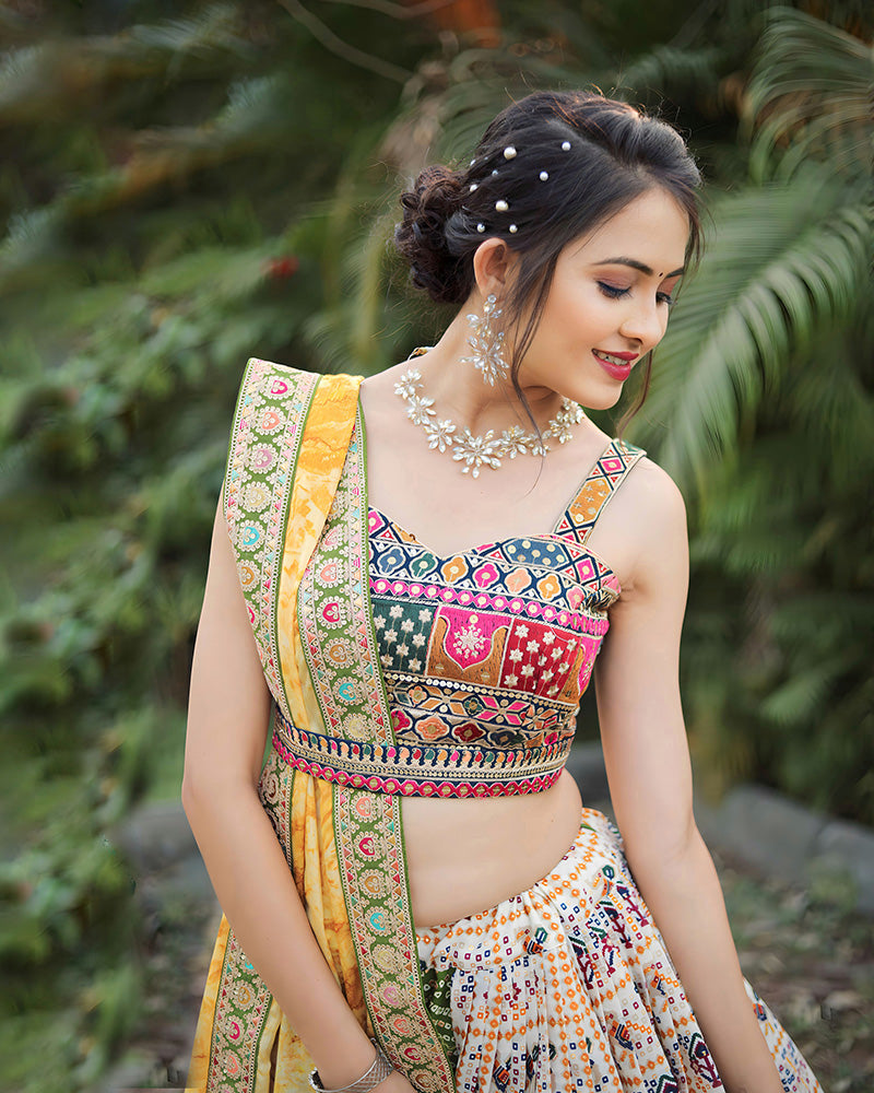 Designer Mehndi-Off White Color Cotton Printed Lehenga Choli