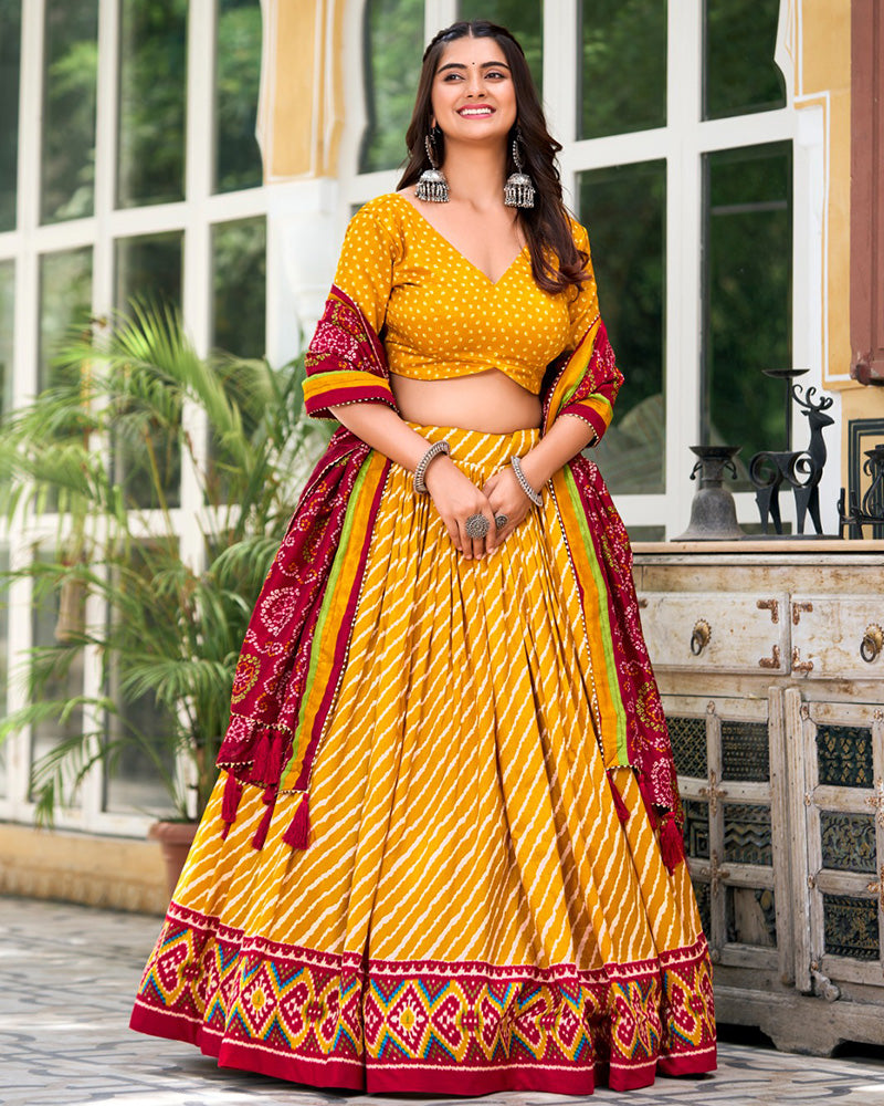 Yellow Color Tussar Silk laheriya Printed Navratri Lehenga Choli