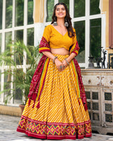 Yellow Color Tussar Silk laheriya Printed Navratri Lehenga Choli