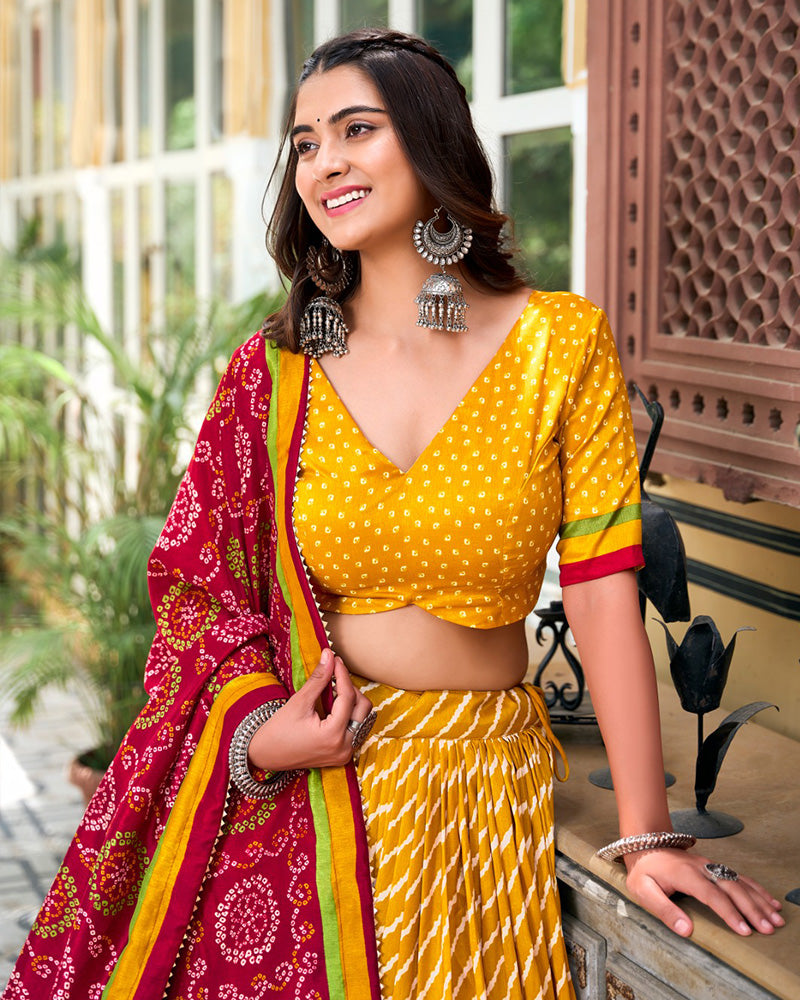 Yellow Color Tussar Silk laheriya Printed Navratri Lehenga Choli
