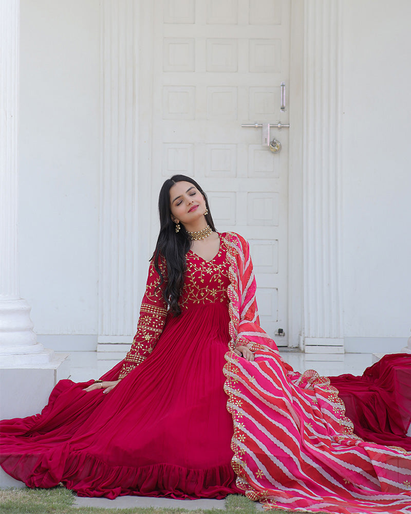Pink Color Designer Embroidered Gown With Laheriya Dupatta