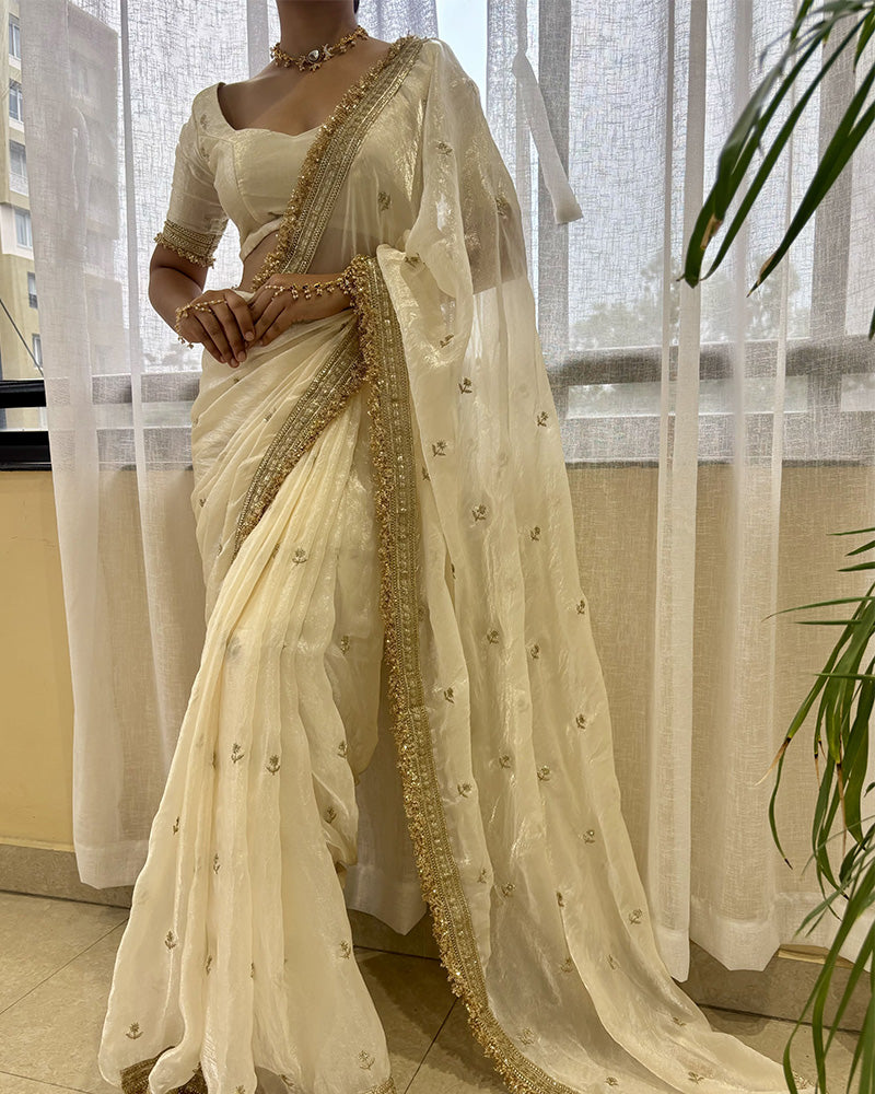 Cream Color Space Satin Embroidered Saree