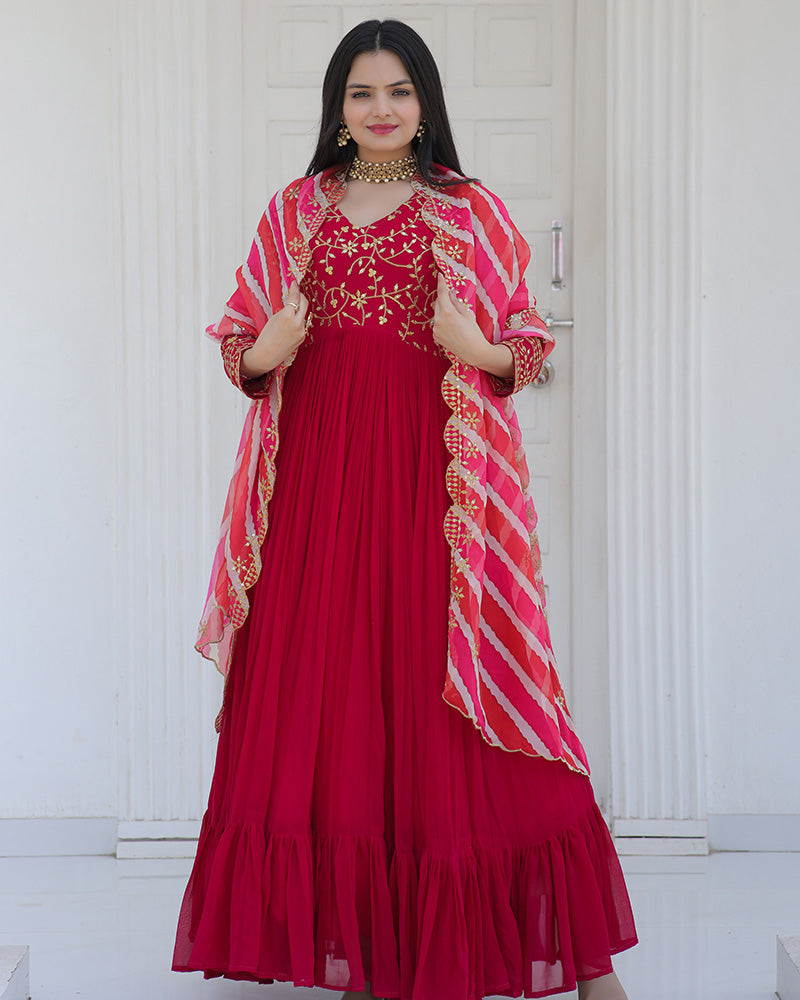 Pink Color Designer Embroidered Gown With Laheriya Dupatta