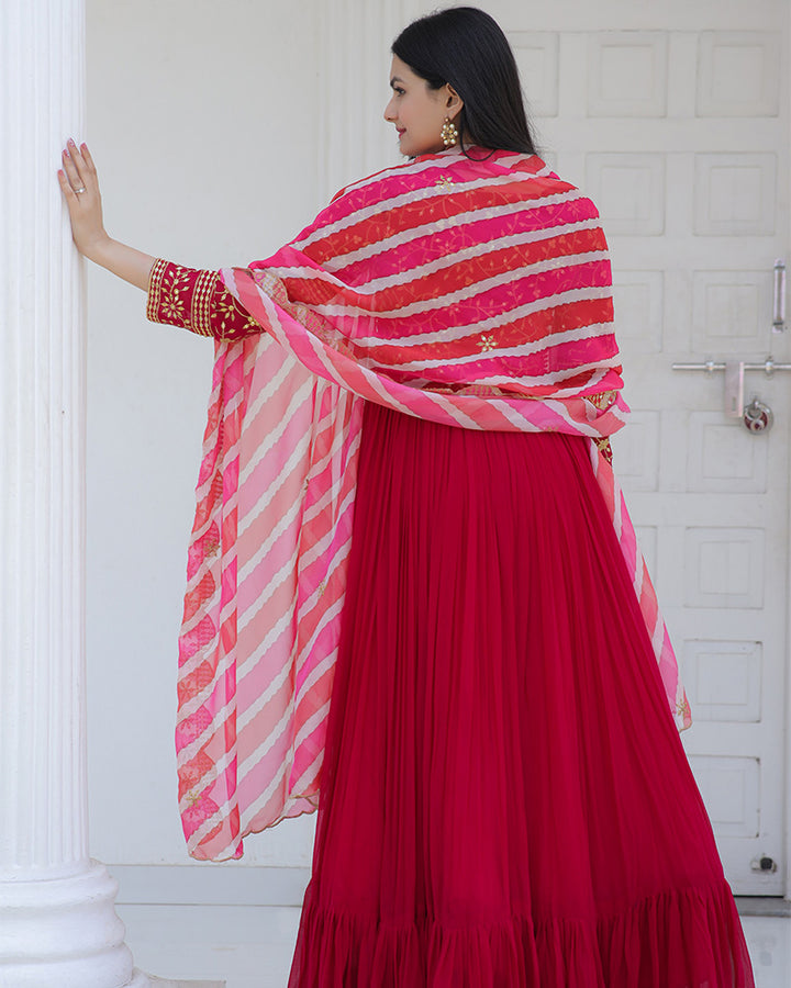 Pink Color Designer Embroidered Gown With Laheriya Dupatta