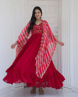 Pink Color Designer Embroidered Gown With Laheriya Dupatta