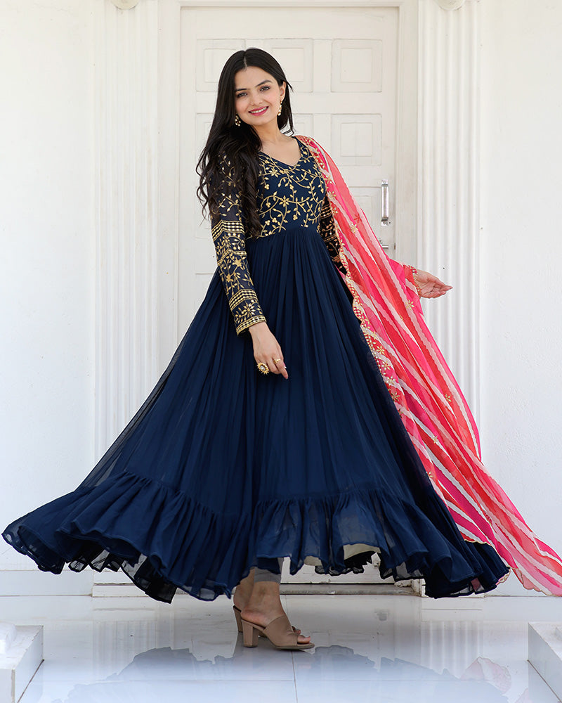 Rama Color Designer Embroidered Gown With Leheriya Dupatta