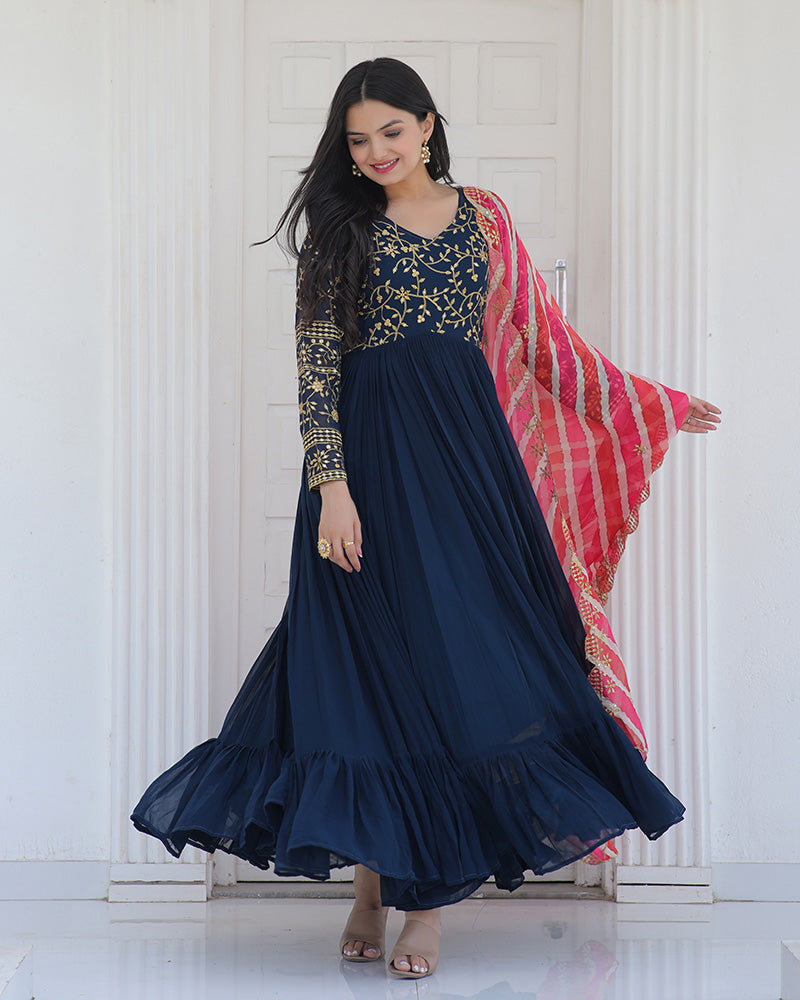 Rama Color Designer Embroidered Gown With Leheriya Dupatta