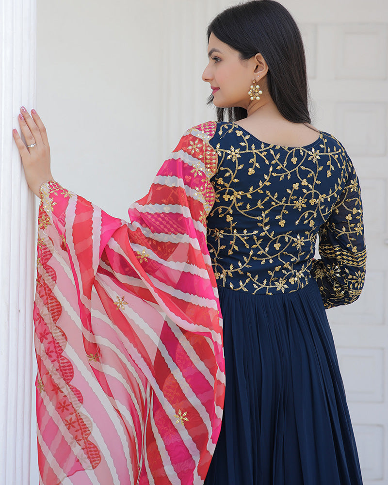 Rama Color Designer Embroidered Gown With Leheriya Dupatta