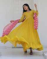 Yellow Color Designer Embroidered Gown With Leheriya Dupatta
