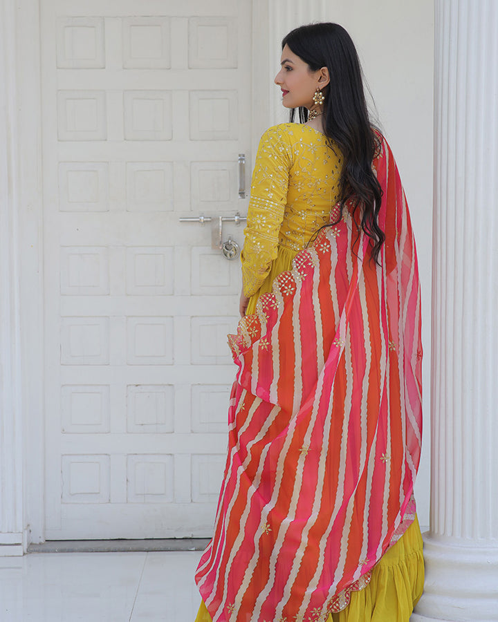 Yellow Color Designer Embroidered Gown With Leheriya Dupatta