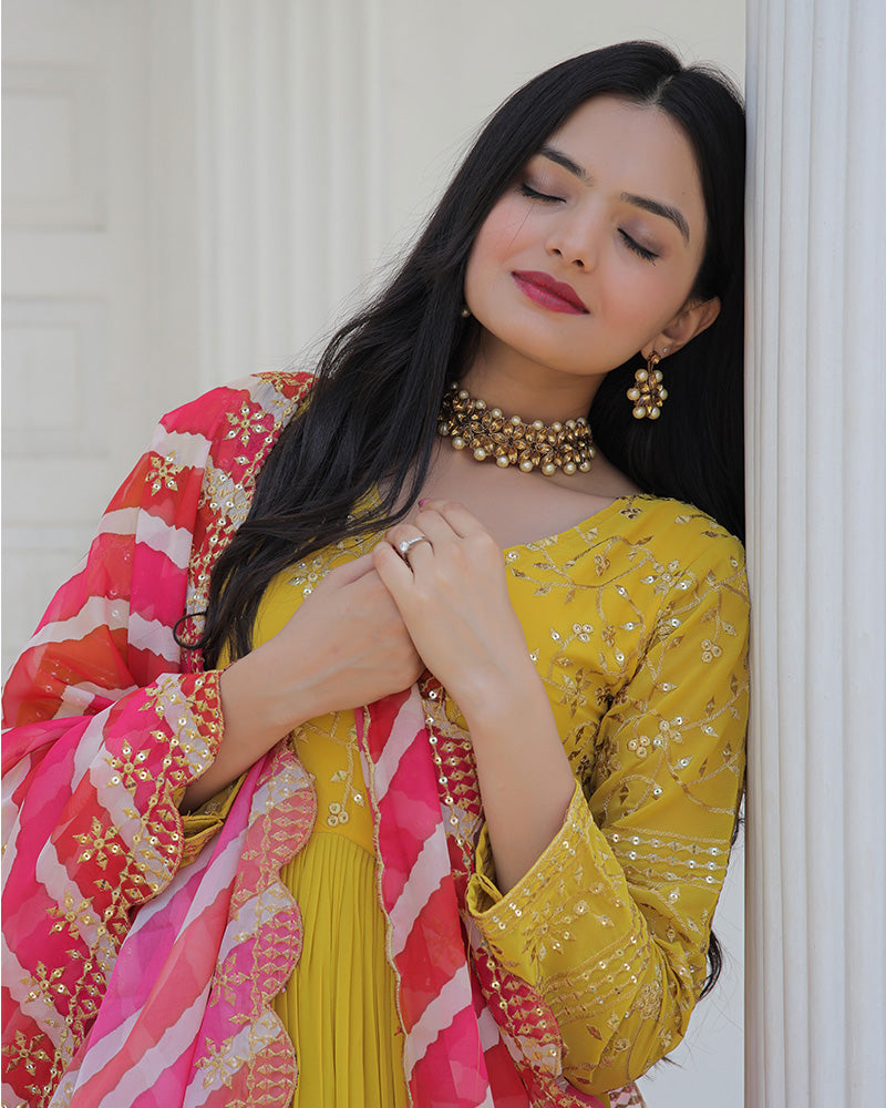 Yellow Color Designer Embroidered Gown With Leheriya Dupatta