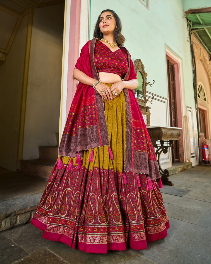 Designer Mustard Yellow Color Tussar Silk Kashmiri Print Lehenga Choli