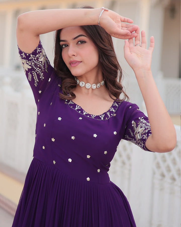 Purple Color Four Layer Georgette Embroidered Gown