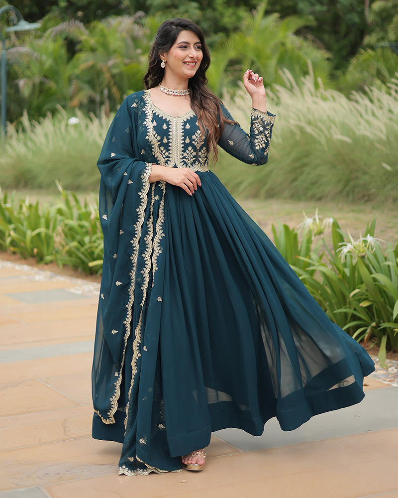 Rama Color Faux Blooming Multi Embroidered Work Gown