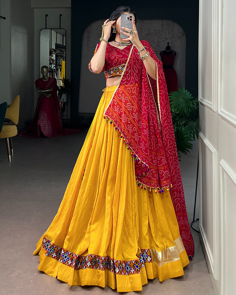 Yellow Color Chanderi Bandhani Print Navratri Lehenga Choli
