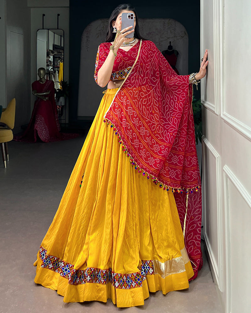 Yellow Color Chanderi Bandhani Print Navratri Lehenga Choli