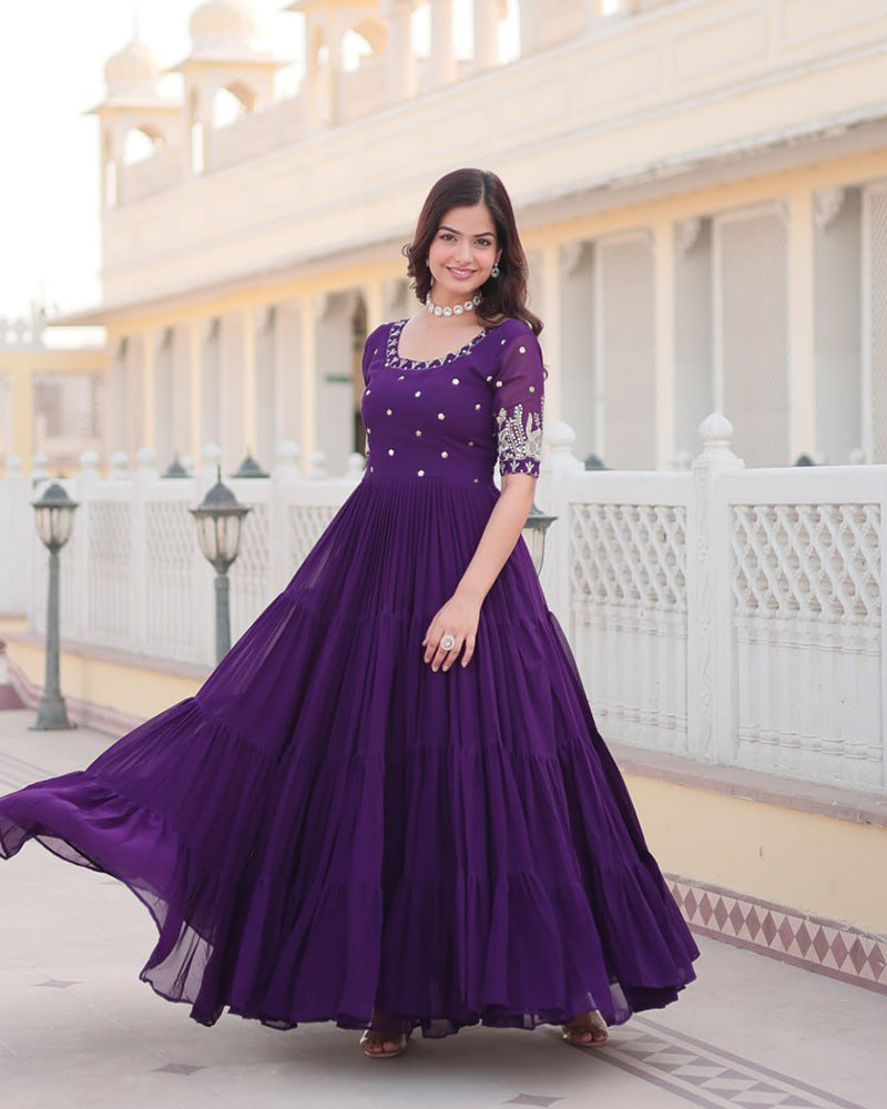 Purple Color Four Layer Georgette Embroidered Gown