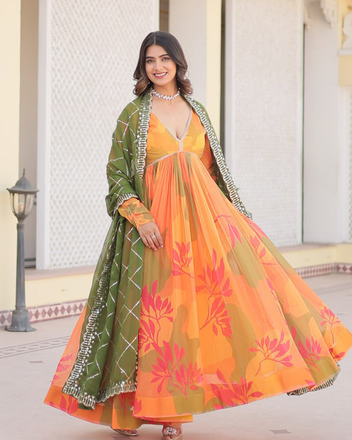 Mehndi-Orange Color Floral Embroidered Alia Cut Gown With Dupatta