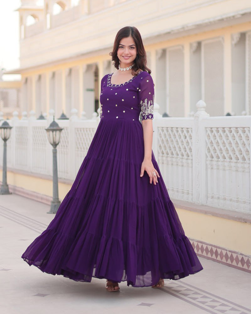 Purple Color Four Layer Georgette Embroidered Gown