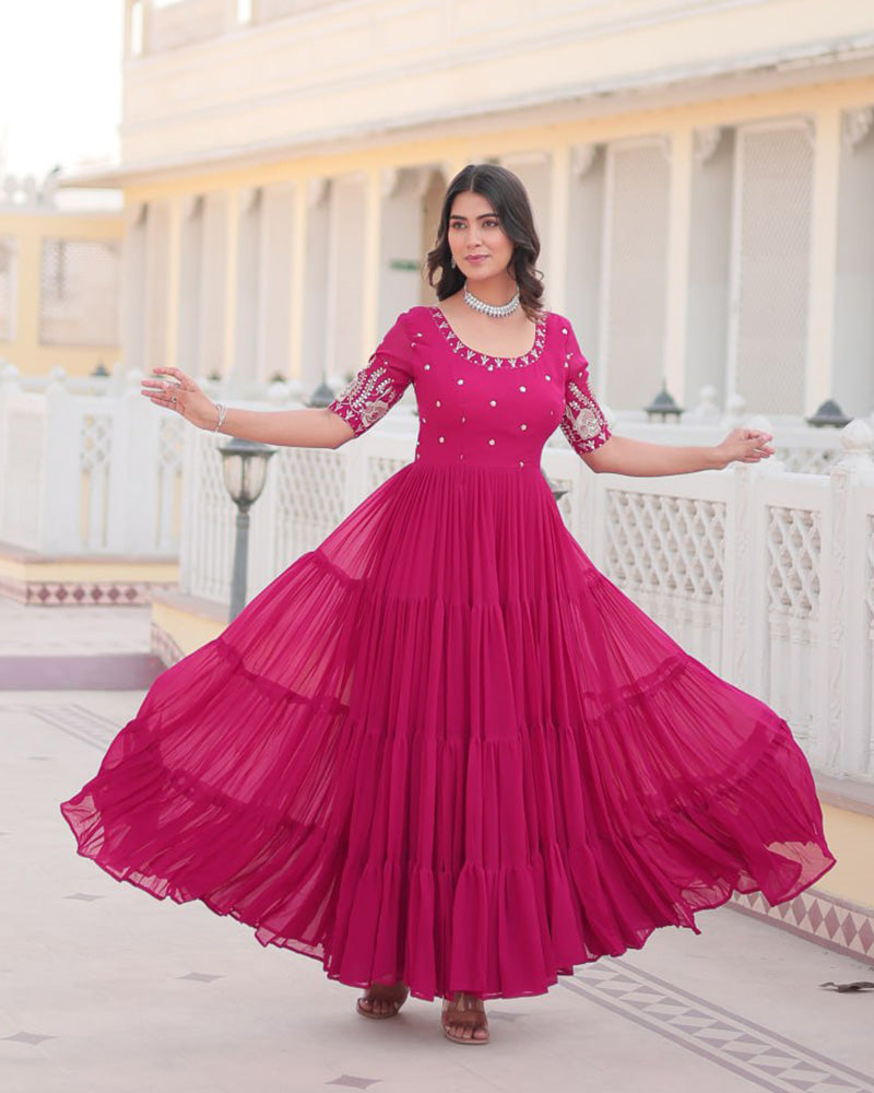 Pink Color Four Layer Georgette Embroidered Gown
