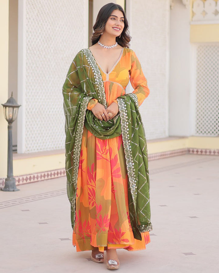 Mehndi-Orange Color Floral Embroidered Alia Cut Gown With Dupatta