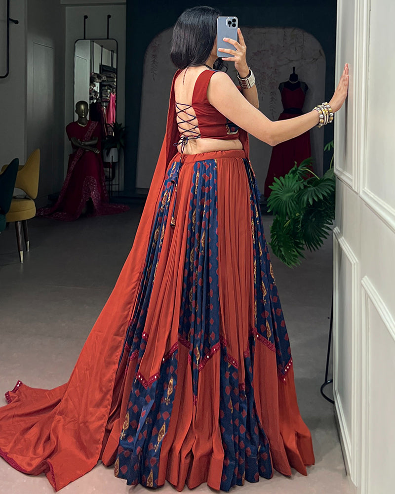 Orange And Blue Color Rayon Tussar Silk Navratri Lehenga Choli