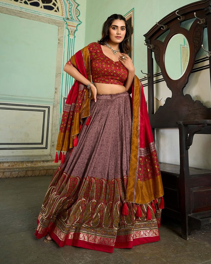 Designer Onion Color Tussar Silk Kashmiri Print Lehenga Choli