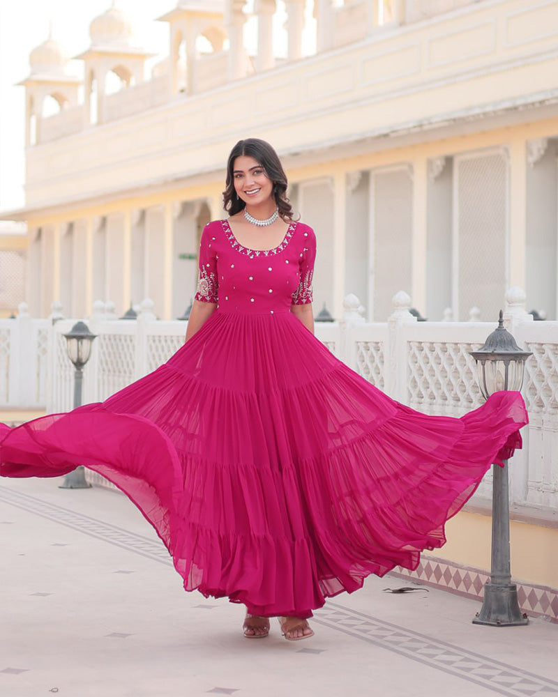 Pink Color Four Layer Georgette Embroidered Gown